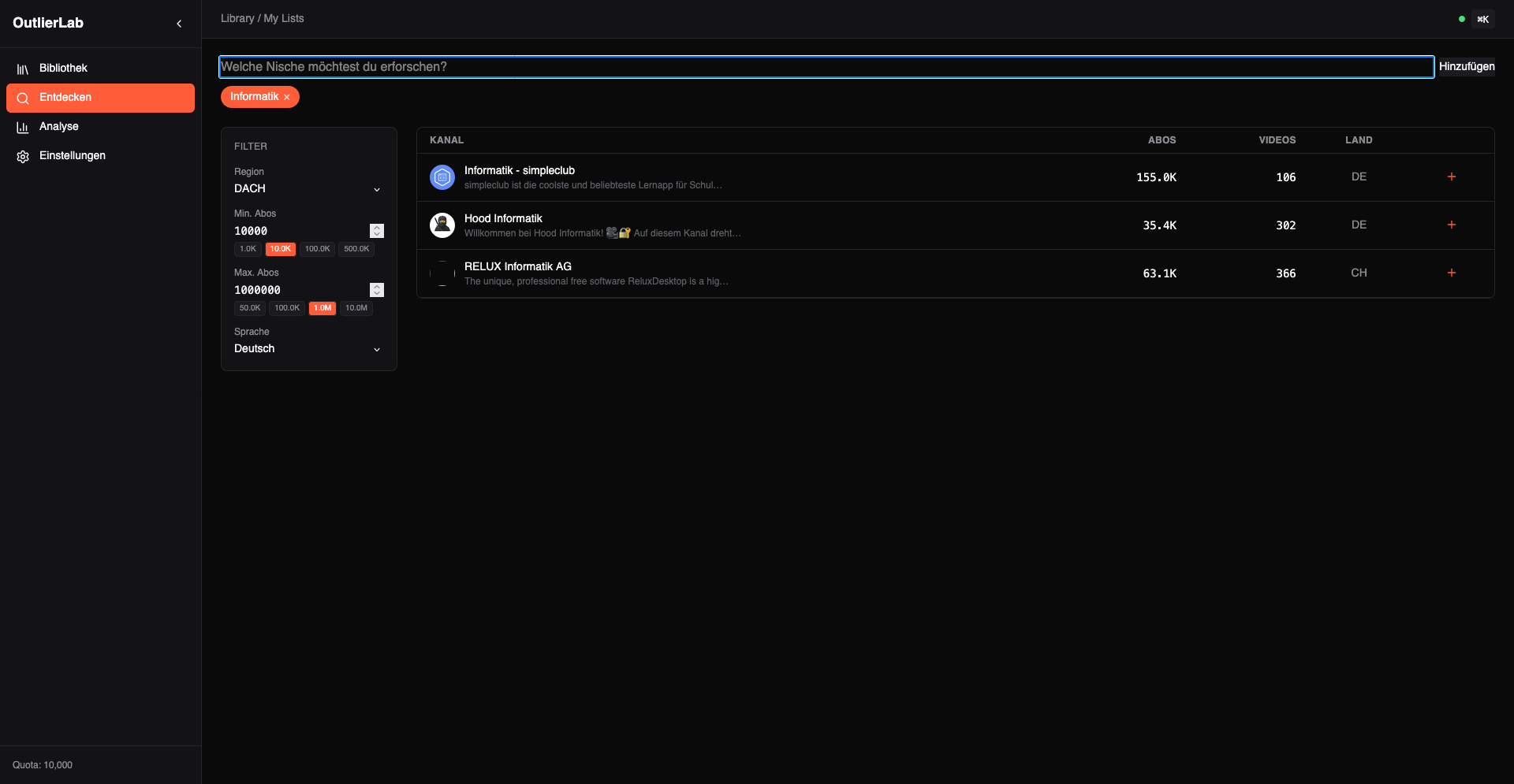 Kanal oder Keyword durchsuchen