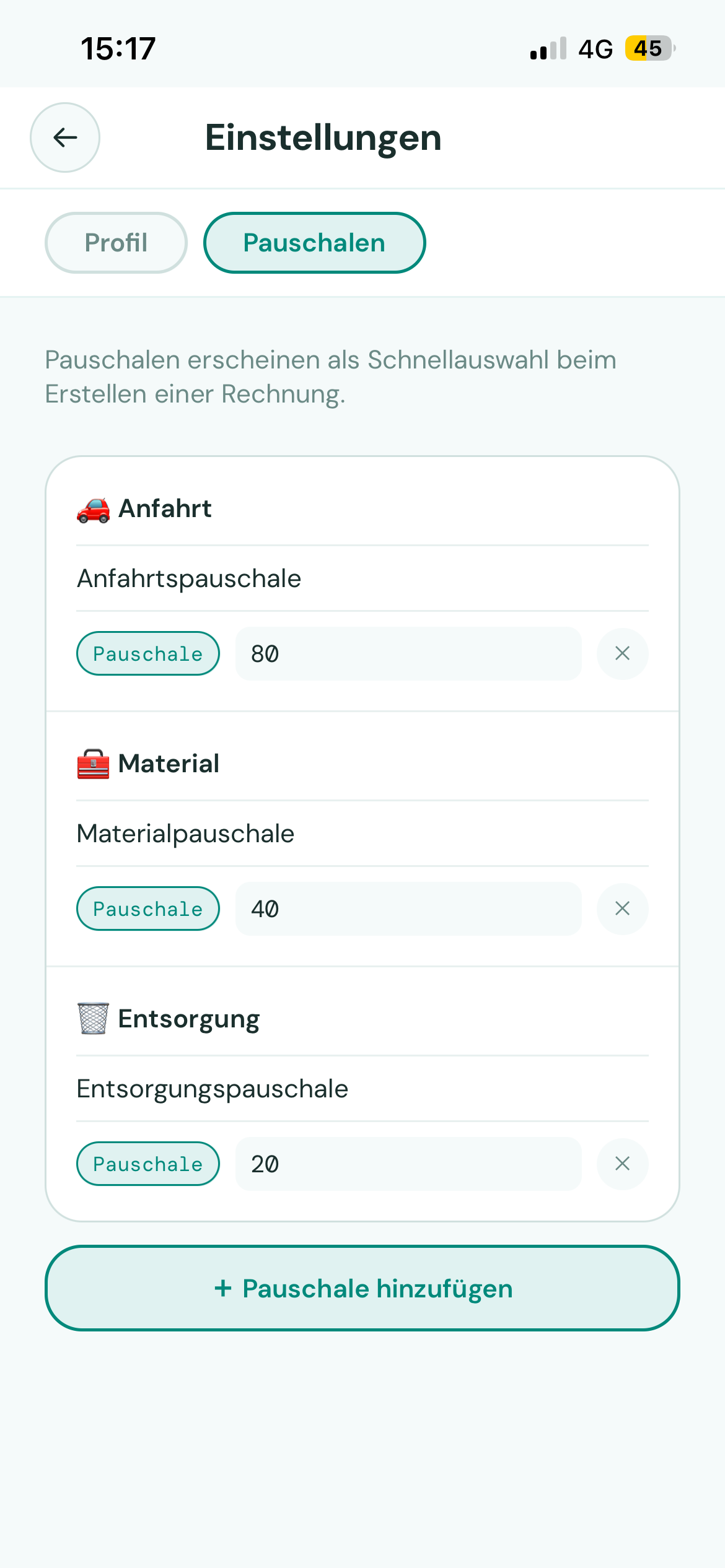 Stundensätze und Pauschalen speichern
