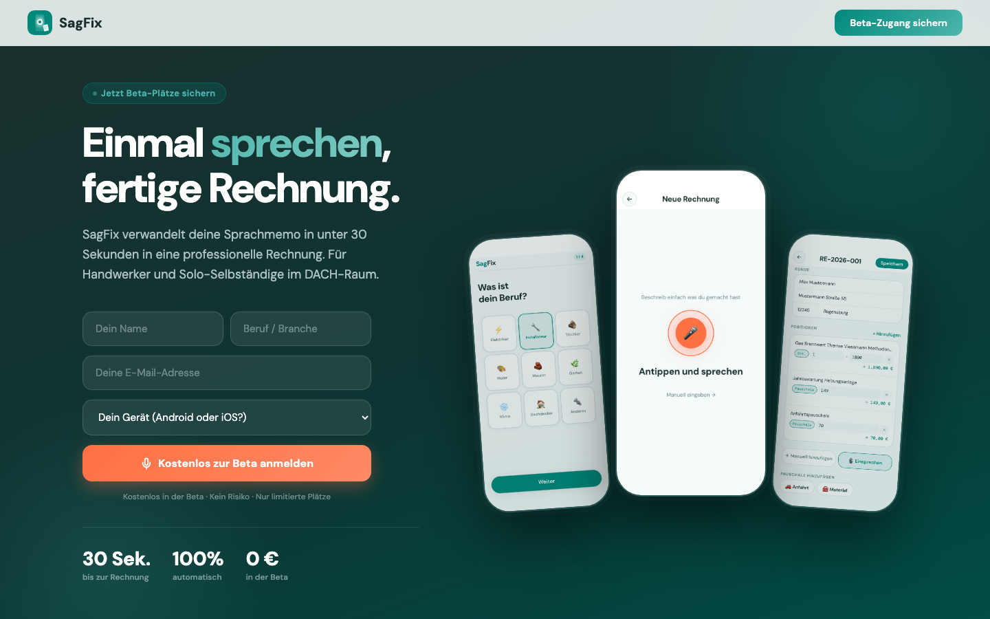 Marketing-Seite und Beta-Anmeldung für die SagFix App.